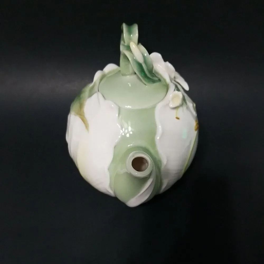 Pier 1 Imports Ginger Lily Teapot Floral Whimsical White‎ Porcelain Hand Painted